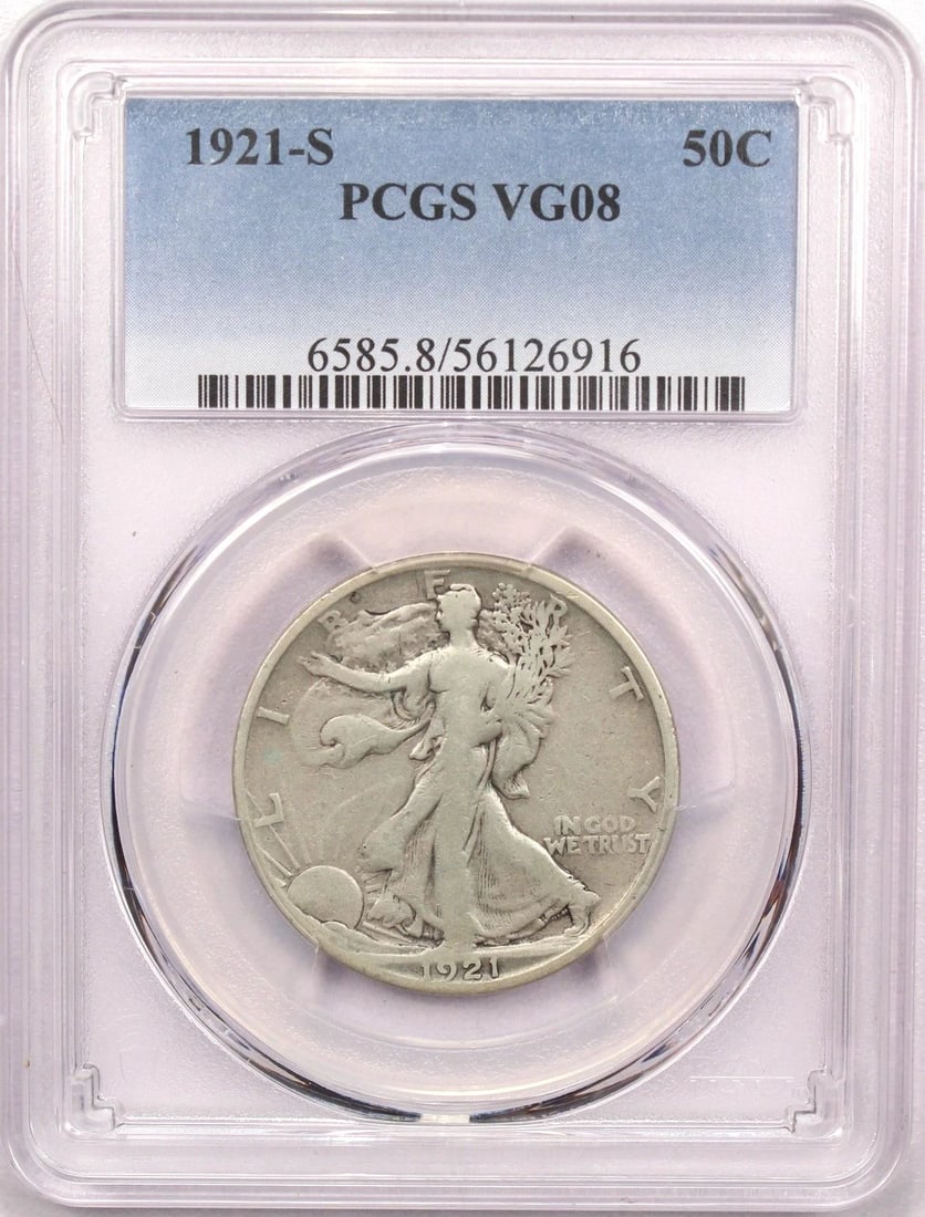 1921-S WALKING LIBERTY HALF DOLLAR 50C, PCGS VG08, VERY GOOD (1 of 2)