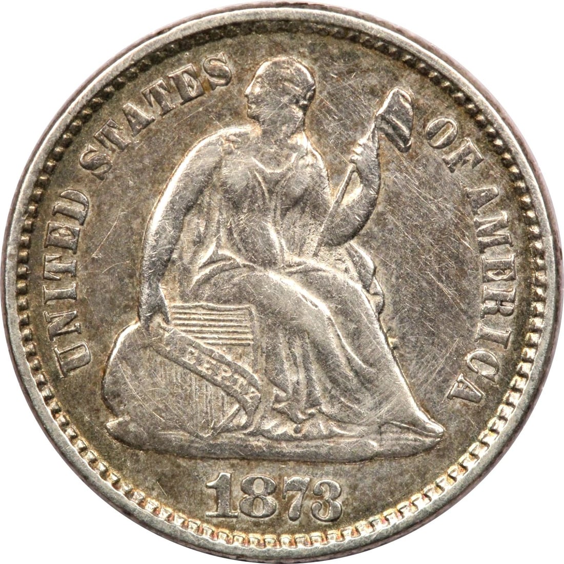 1873 SEATED LIBERTY HALF DIME H10C, ABOUT UNCIRCULATED AU, TONED: 1873 SEATED LIBERTY HALF DIME H10C, ABOUT UNCIRCULATED AU, TONED 1873 Seated Liberty Half Dime H10C, About Uncirculated AU, Toned THE ITEM(S) IN THE PHOTO(S) IS THE EXACT ITEM(S) YOU WILL RECEIVE!