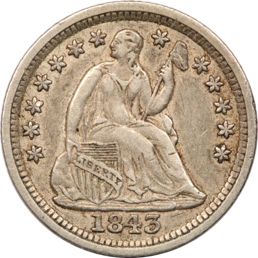 1843 SEATED LIBERTY HALF DIME H10C, EXTREMELY FINE XF+: 1843 SEATED LIBERTY HALF DIME H10C, EXTREMELY FINE XF+ 1843 Seated Liberty Half Dime H10C, Extremely Fine XF+ THE ITEM(S) IN THE PHOTO(S) IS THE EXACT ITEM(S) YOU WILL RECEIVE!