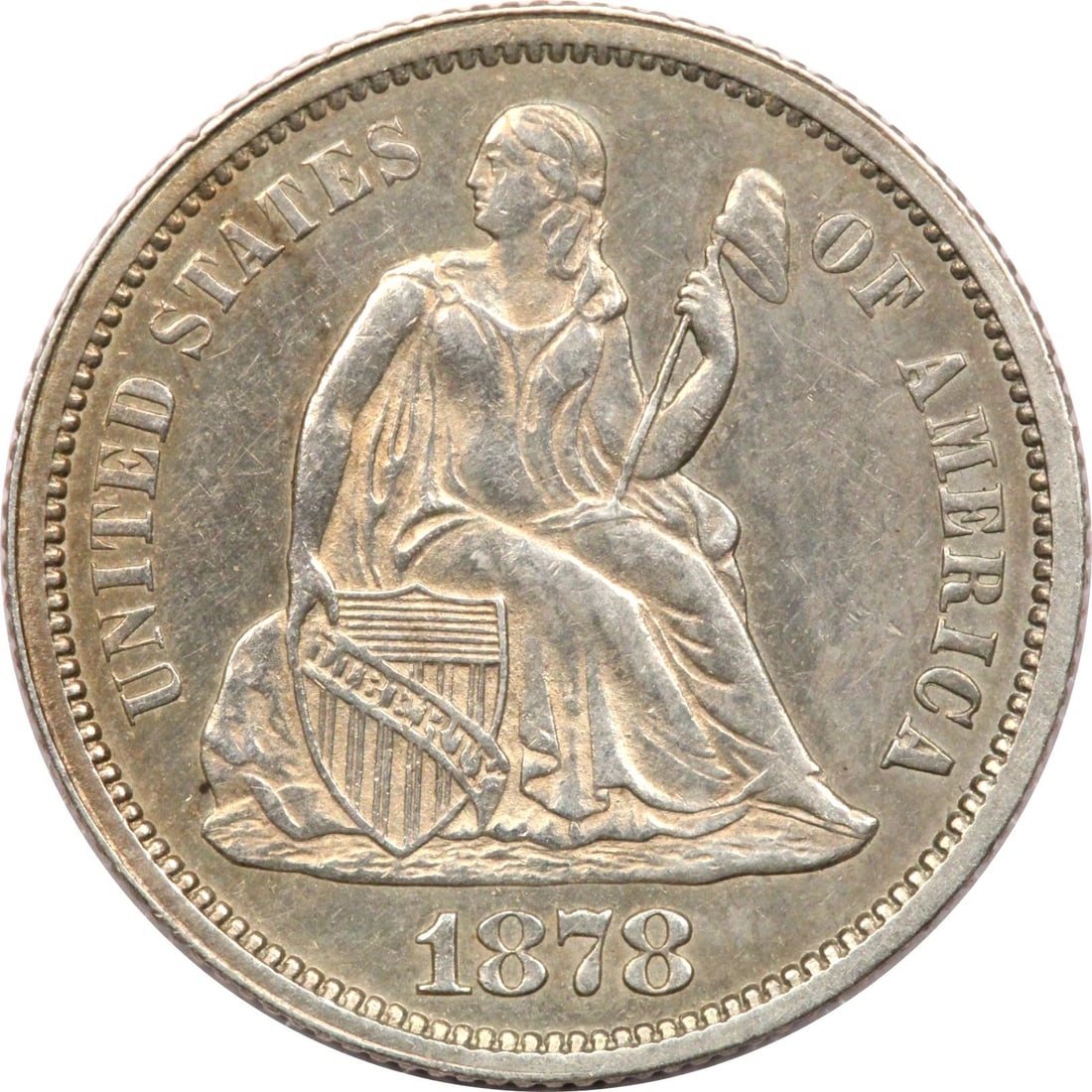 1878 SEATED LIBERTY DIME 10C, ABOUT UNCIRCULATED AU+, CLEANED: 1878 SEATED LIBERTY DIME 10C, ABOUT UNCIRCULATED AU+, CLEANED 1878 Seated Liberty Dime 10C, About Uncirculated AU+, Cleaned THE ITEM(S) IN THE PHOTO(S) IS THE EXACT ITEM(S) YOU WILL RECEIVE!