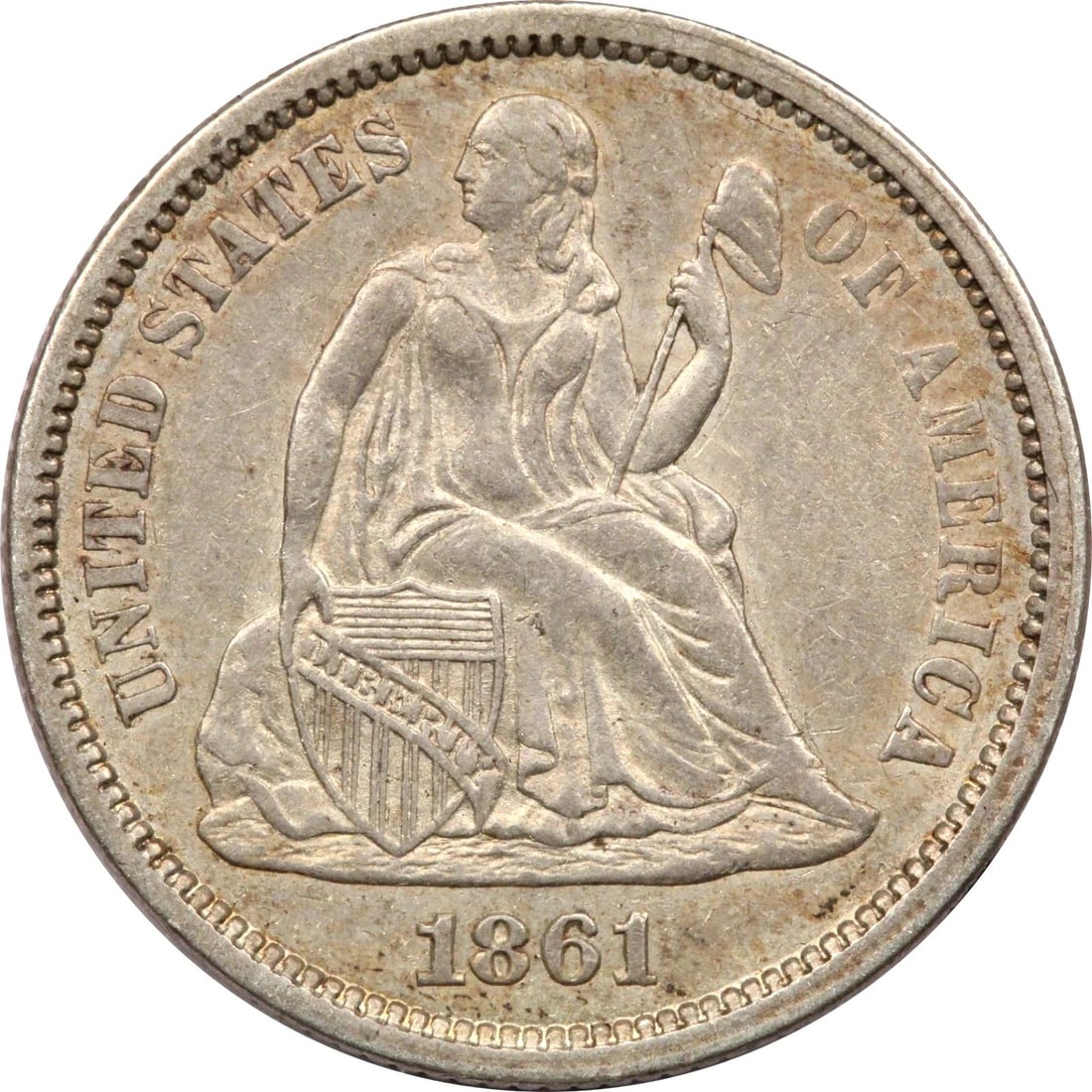 1861 SEATED LIBERTY DIME 10C, ABOUT UNCIRCULATED AU (1 of 2)