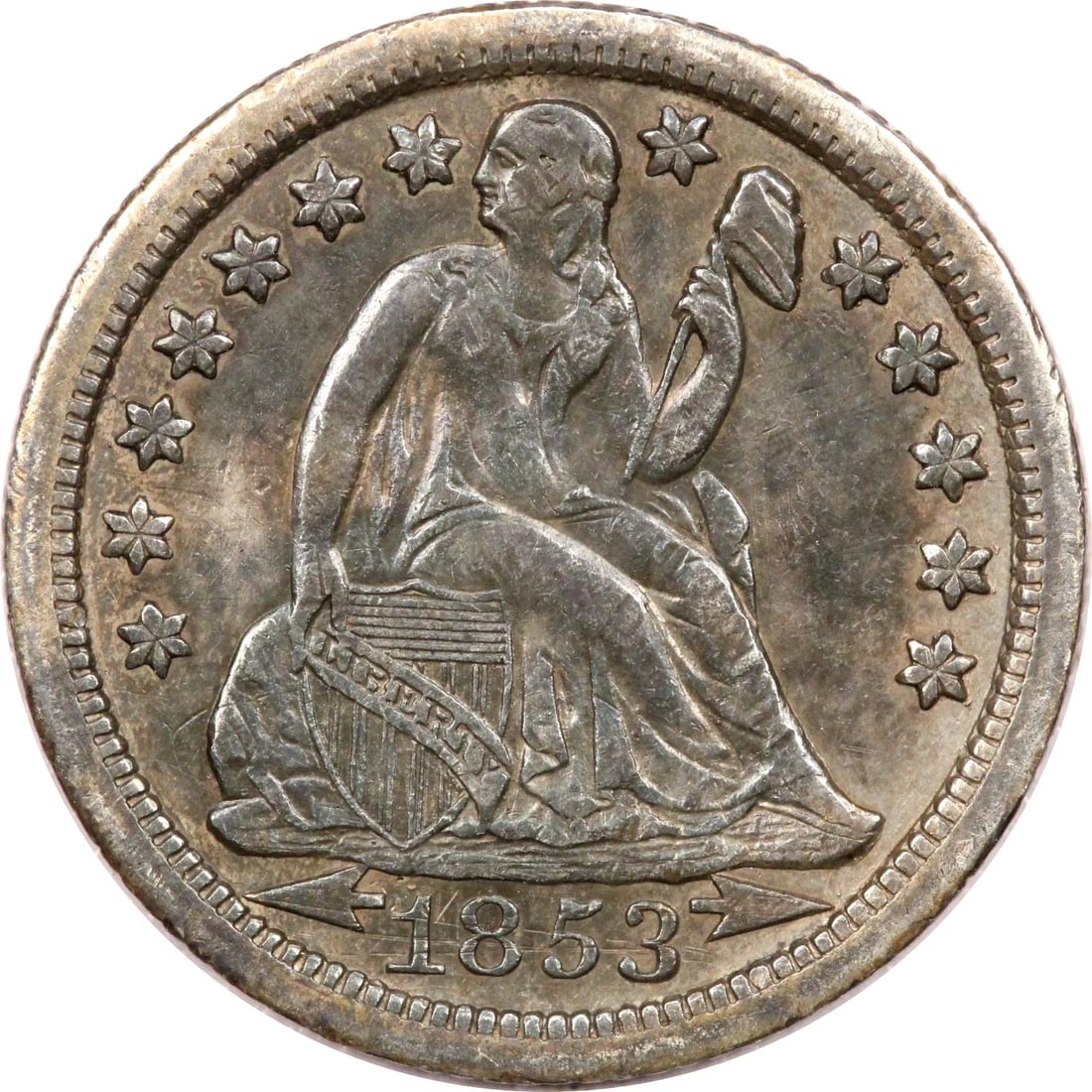 1853-O ARROWS SEATED LIBERTY DIME 10C, EXTREMELY FINE XF (1 of 2)