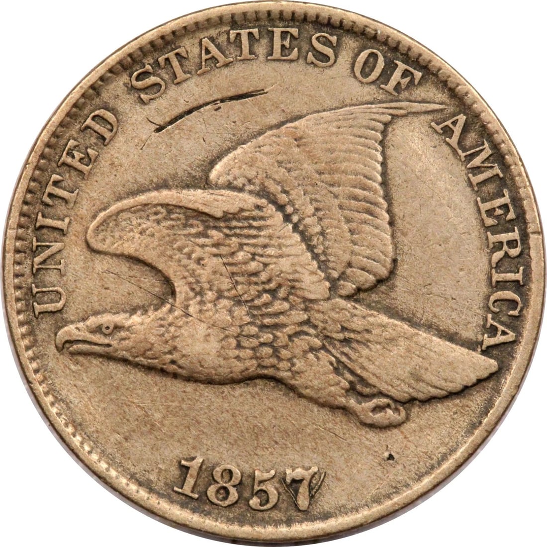 1857 FLYING EAGLE CENT 1C, EXTREMELY FINE XF, SCRATCHED (1 of 2)