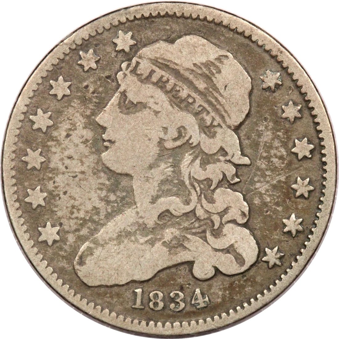 1834 CAPPED BUST QUARTER 25C, FINE F (1 of 2)