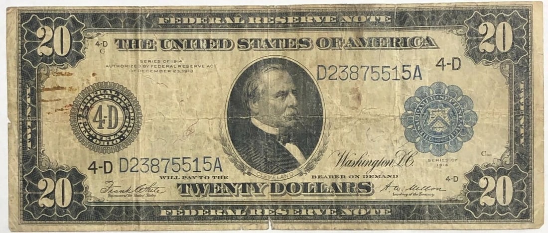 1914 $20 FEDERAL RESERVE NOTE, FINE F CONDITION, MINOR STAINS (1 of 2)