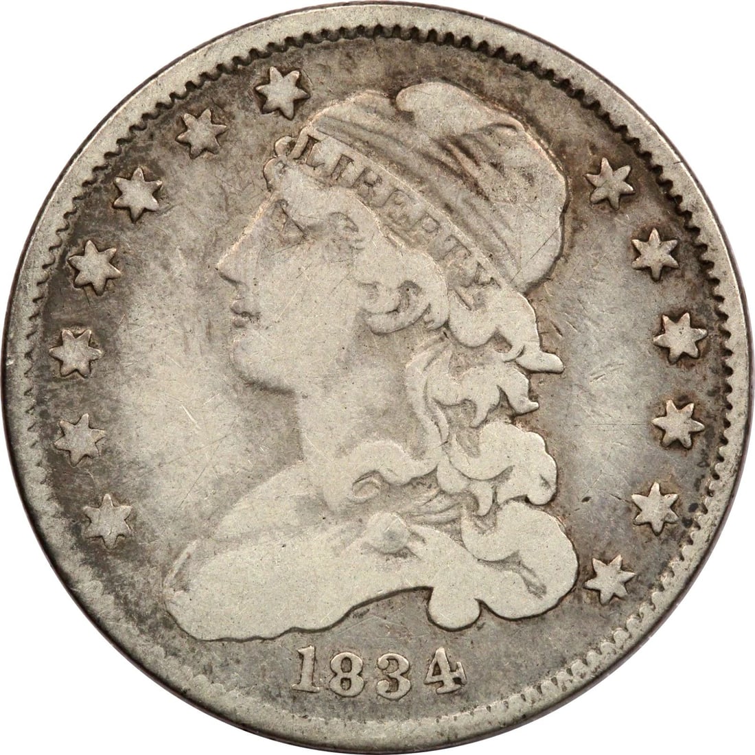 1834 CAPPED BUST QUARTER 25C, FINE F+ (1 of 2)