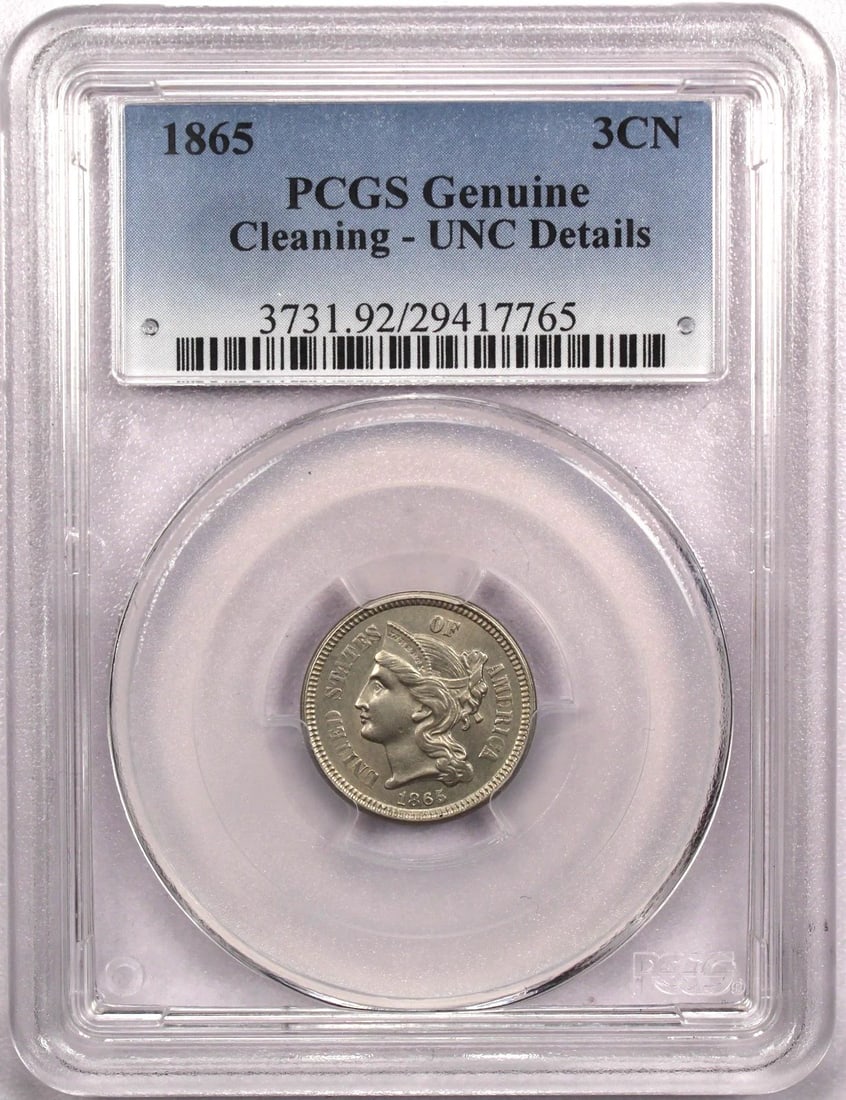 1865 3 CENT NICKEL 3CN, PCGS GENUINE UNC DETAILS CLEANING, UNCIRCULATED BU (1 of 2)