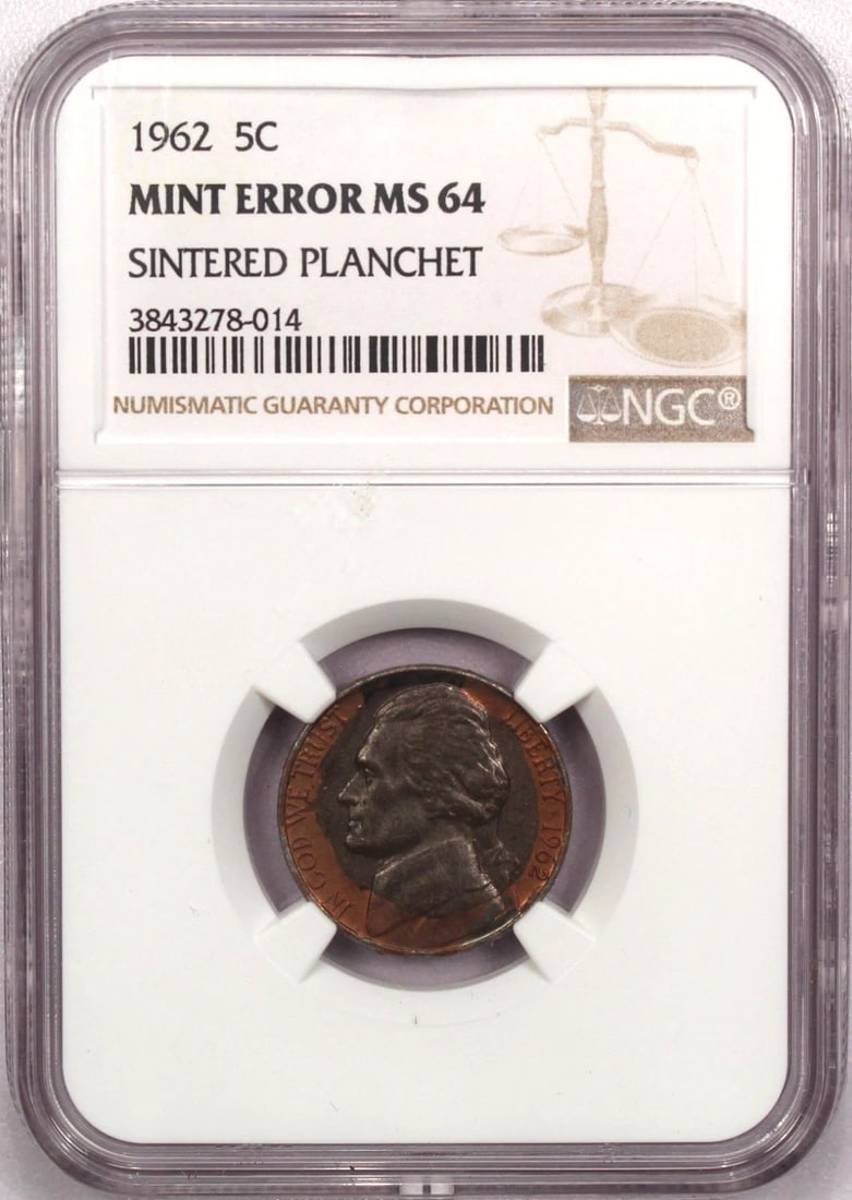 1962 JEFFERSON NICKEL 5C SINTERED PLANCHET MINT ERROR, NGC MS64 (1 of 2)