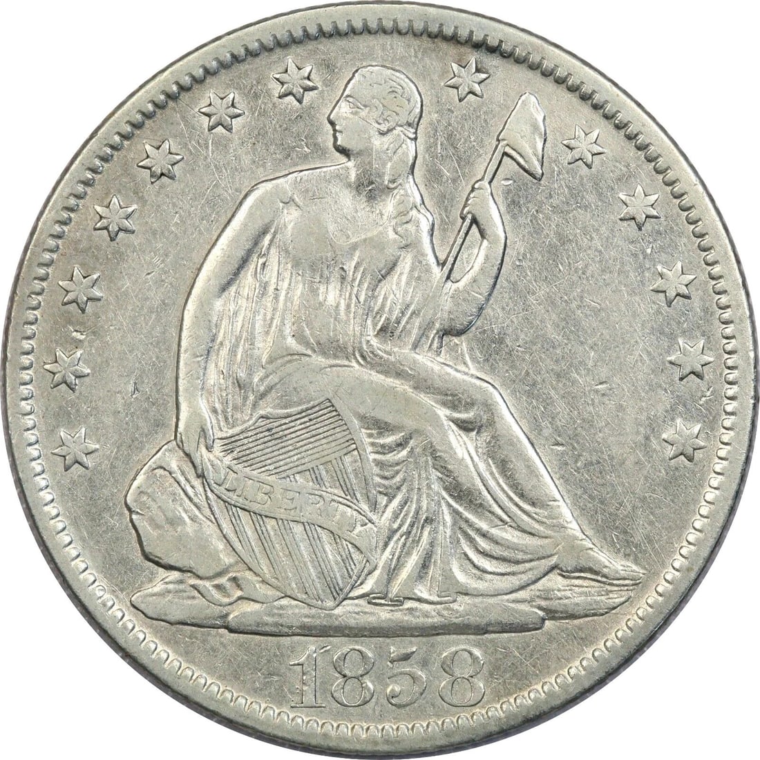 1858-O SEATED LIBERTY HALF DOLLAR 50C, EXTREMELY FINE XF+ (1 of 2)