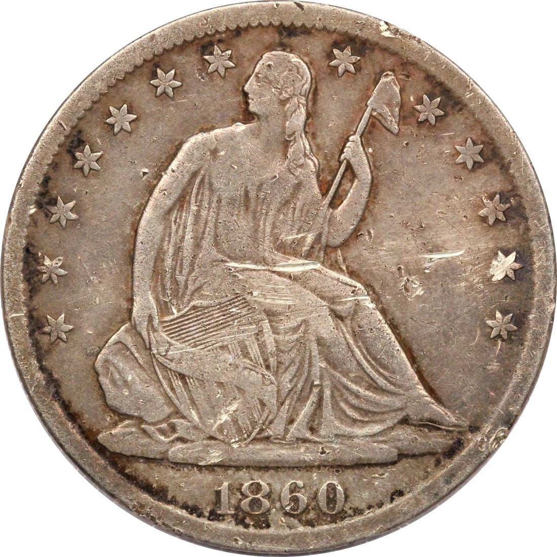 1860-S SEATED LIBERTY HALF DOLLAR 50C, VERY FINE VF, SCRATCHED (1 of 2)