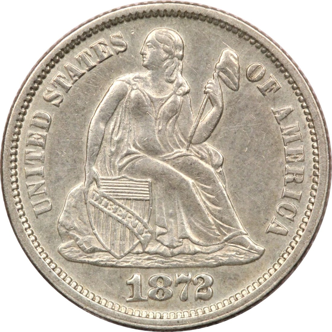 1872 SEATED LIBERTY DIME 10C, ABOUT UNCIRCULATED AU+, CLEANED (1 of 2)