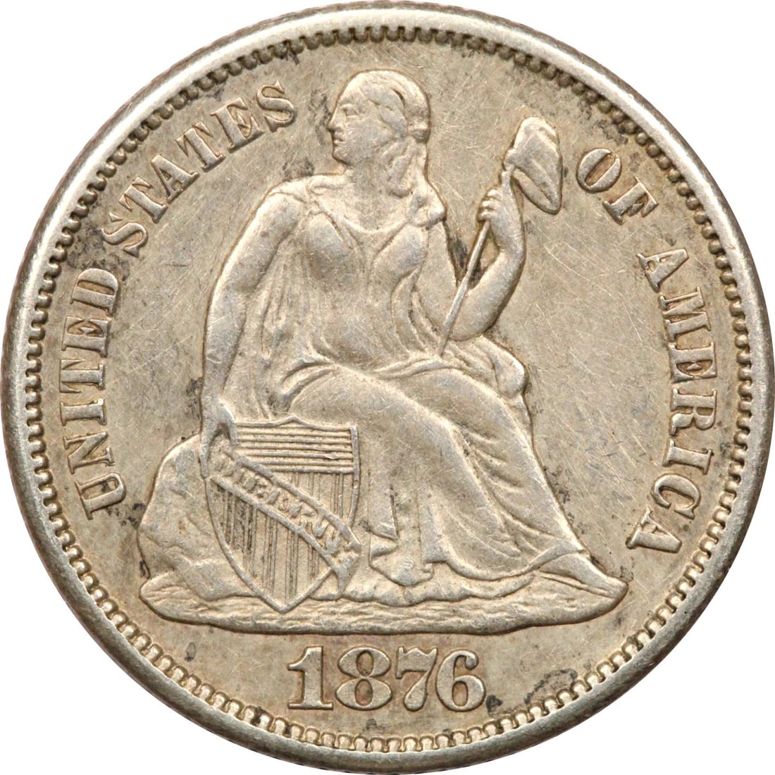1876-S SEATED LIBERTY DIME 10C, ABOUT UNCIRCULATED AU, CLEANED: 1876-S SEATED LIBERTY DIME 10C, ABOUT UNCIRCULATED AU, CLEANED 1876-S Seated Liberty Dime 10C, About Uncirculated AU, Cleaned THE ITEM(S) IN THE PHOTO(S) IS THE EXACT ITEM(S) YOU WILL RECEIVE!