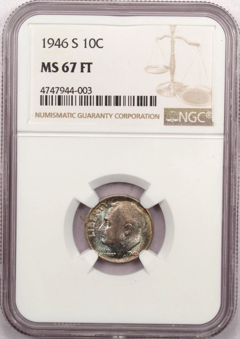 1946-S ROOSEVELT DIME 10C, NGC MS67FT FULL TORCH, COLORFUL TONING!!! (1 of 2)