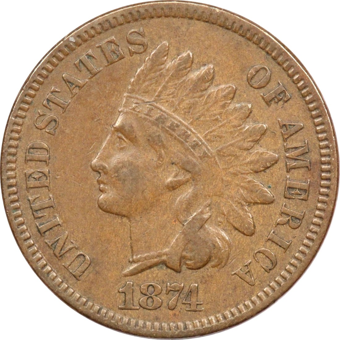 1874 INDIAN HEAD CENT 1C, ABOUT UNCIRCULATED AU (1 of 2)