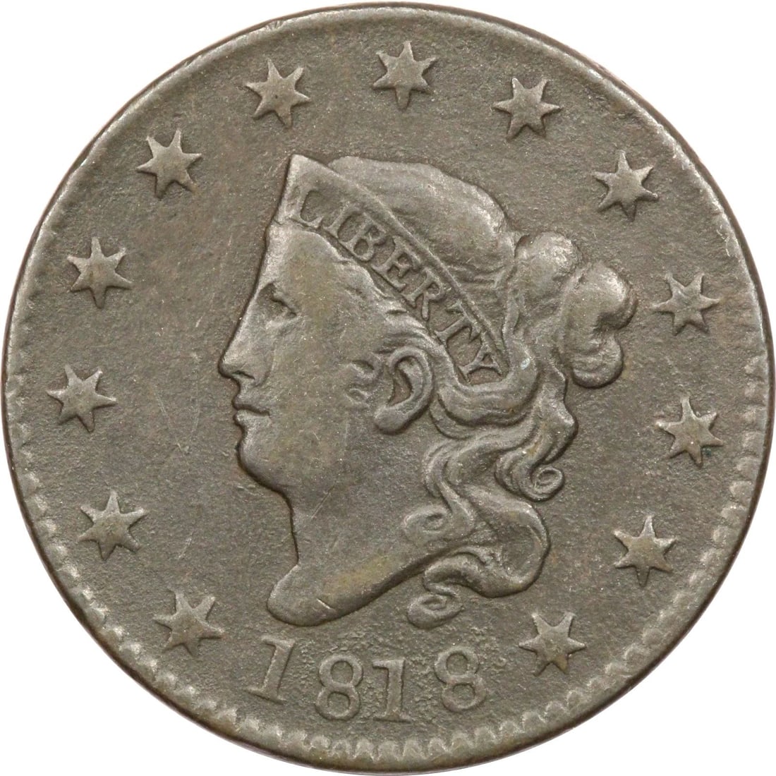 1818 CORONET HEAD LARGE CENT 1C, VERY FINE VF+, ENVIRONMENTAL DAMAGE (1 of 2)