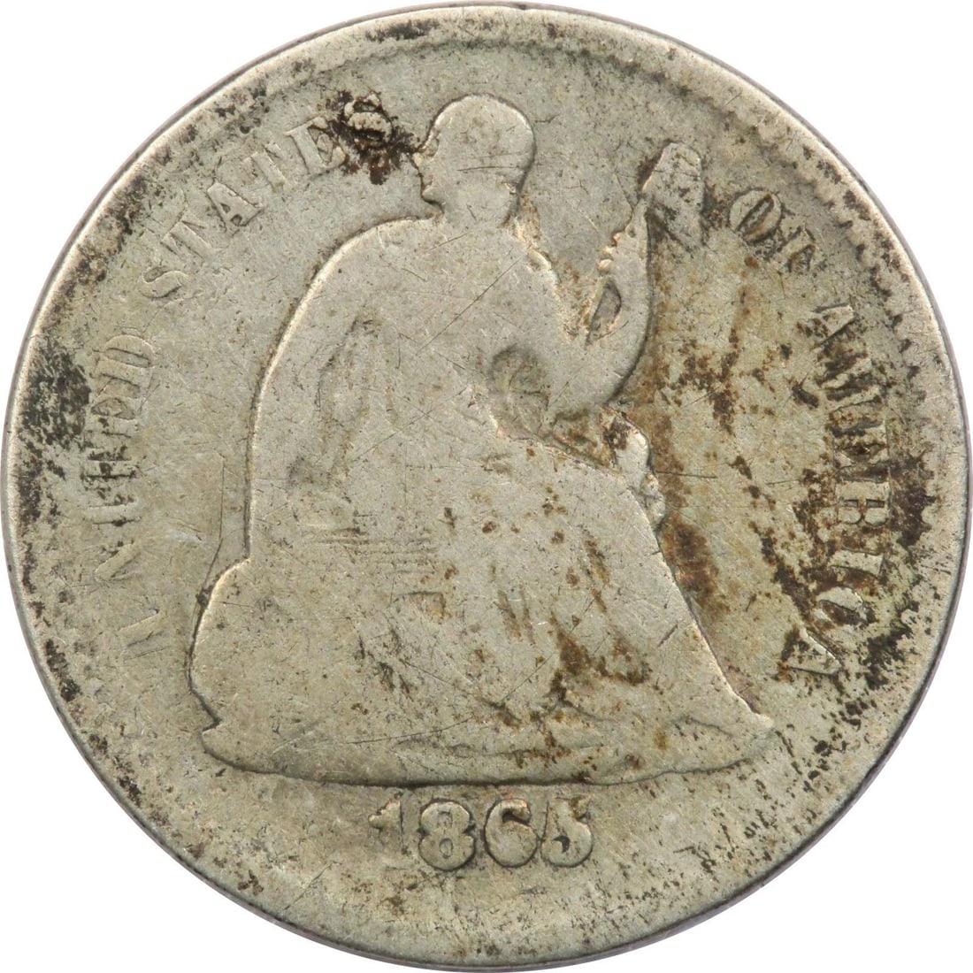 1865-S SEATED LIBERTY HALF DIME H10C, GOOD G (1 of 2)