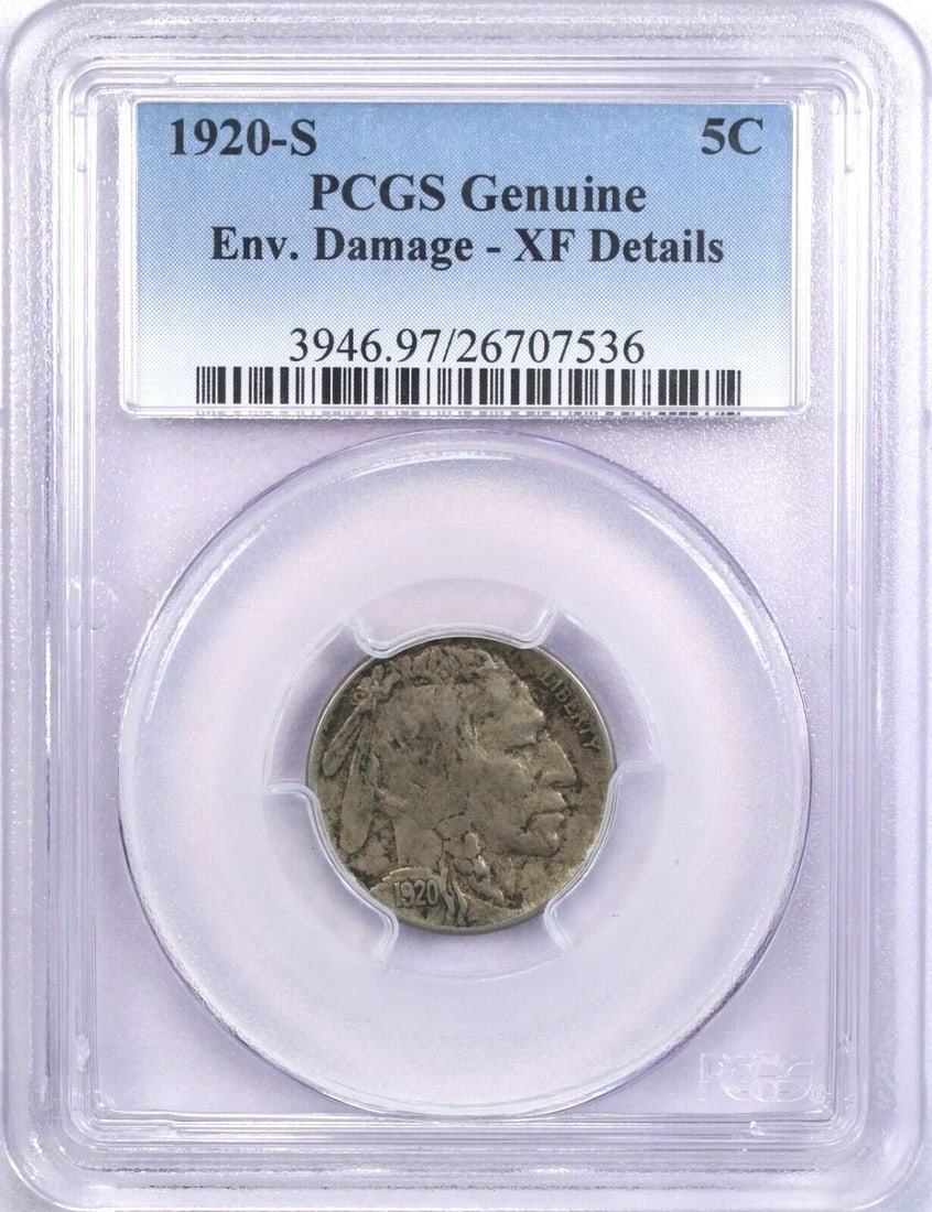 1920-S BUFFALO NICKEL 5C, PCGS GENUINE XF DETAILS, ENV. DAMAGE. EXTREMELY FINE (1 of 2)