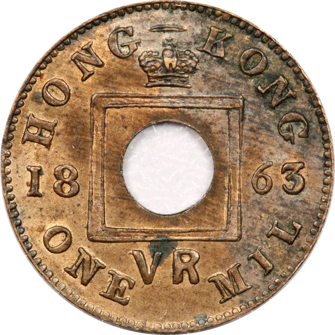 1863 HONG KONG PRC 1 MIL BRONZE COIN, UNCIRCULATED BU, RED/BROWN, KM# 1 (1 of 2)