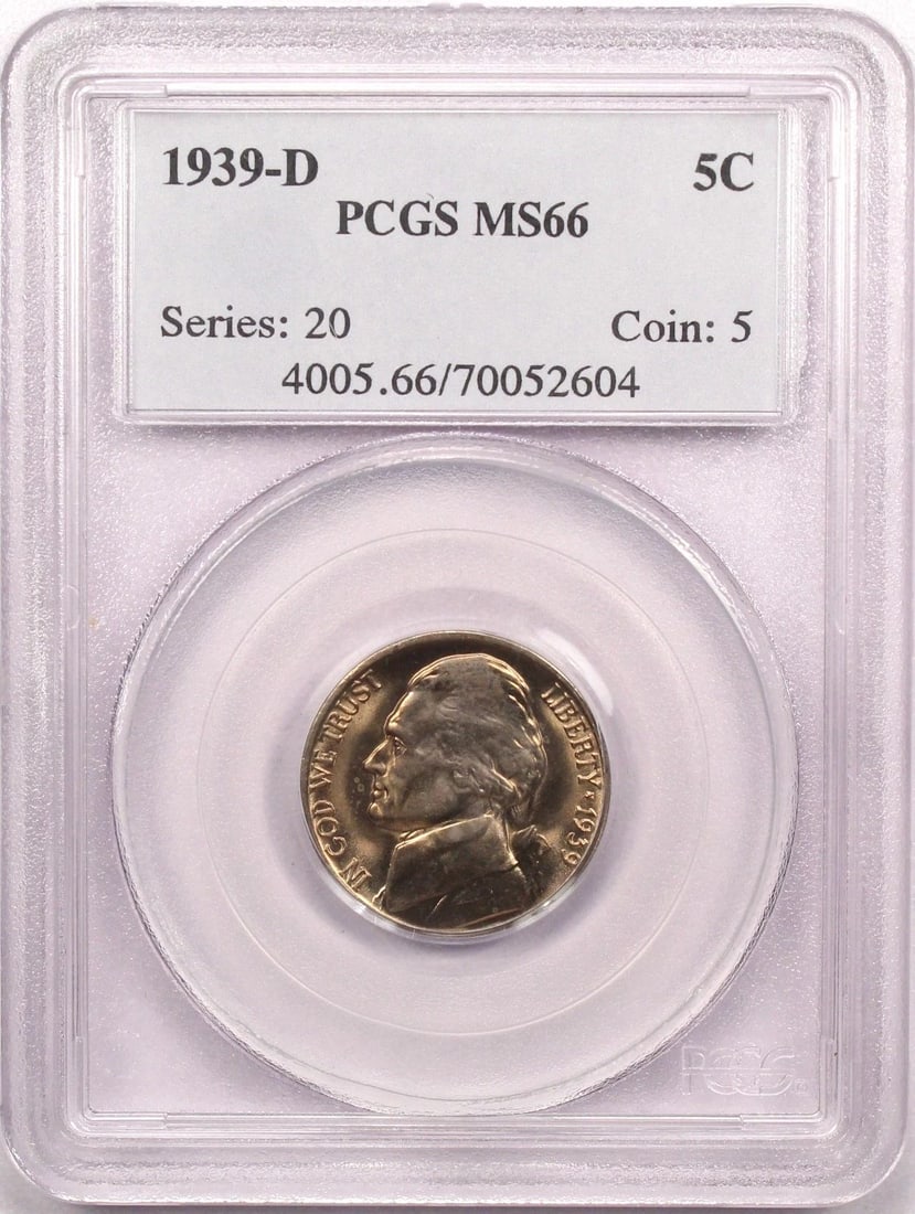 1939-D JEFFERSON NICKEL, PCGS MS66, GEM UNCIRCULATED BU, LIGHTLY TONED (1 of 2)