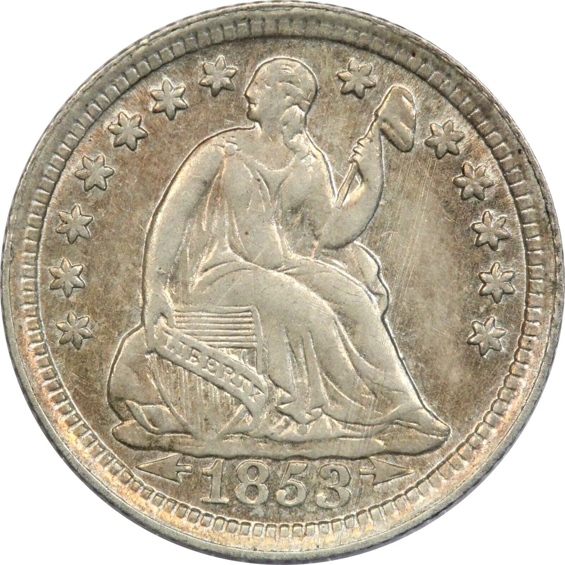 1853 ARROWS SEATED LIBERTY HALF DIME H10C, ABOUT UNCIRCULATED AU (1 of 2)