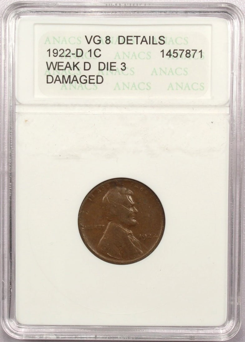 1922 WEAK D DIE 3 LINCOLN WHEAT CENT 1C OLD ANACS VG 8 DETAILS DAMAGED VERY GOOD (1 of 2)