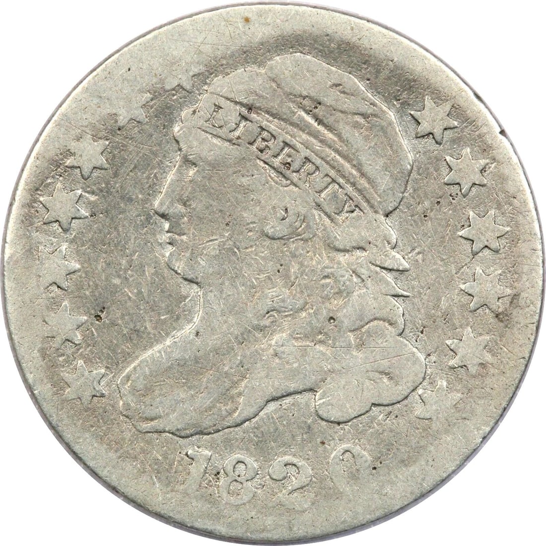 1820 CAPPED BUST DIME 10C, VG/F CONDITION, UNEVENLY WORN (1 of 2)