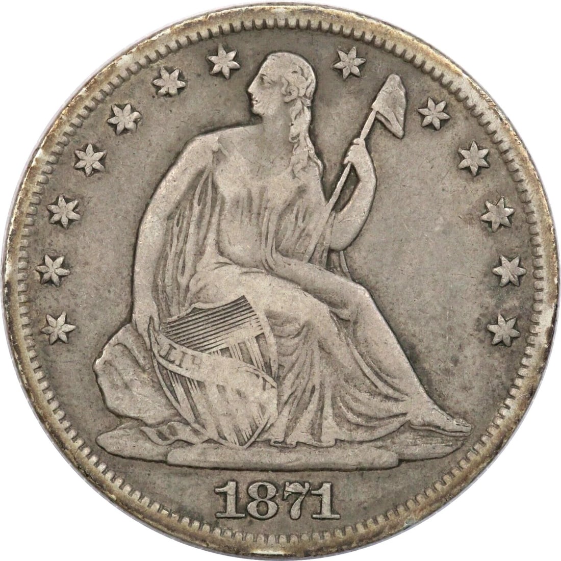 1871-S SEATED LIBERTY HALF DOLLAR 50C, VERY FINE VF, MINOR RIM BUMPS (1 of 2)