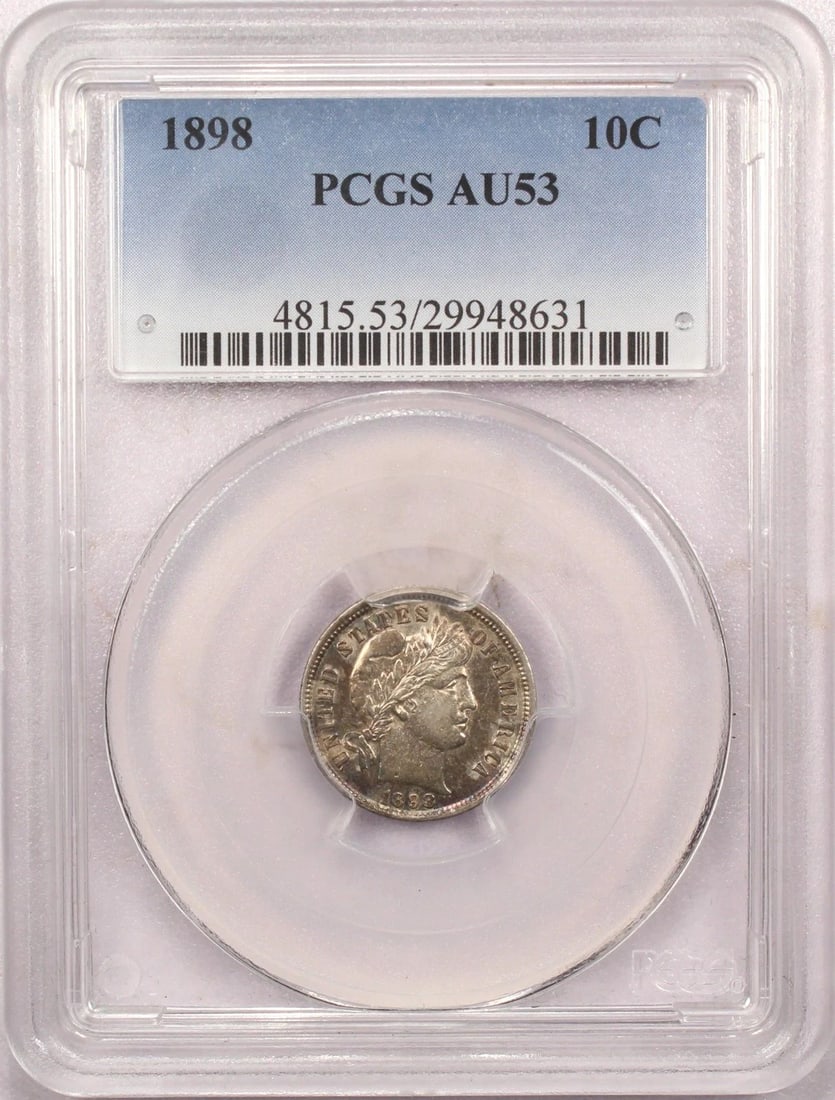 1898 BARBER DIME 10C, PCGS AU53 ABOUT UNCIRCULATED, TONED (1 of 2)