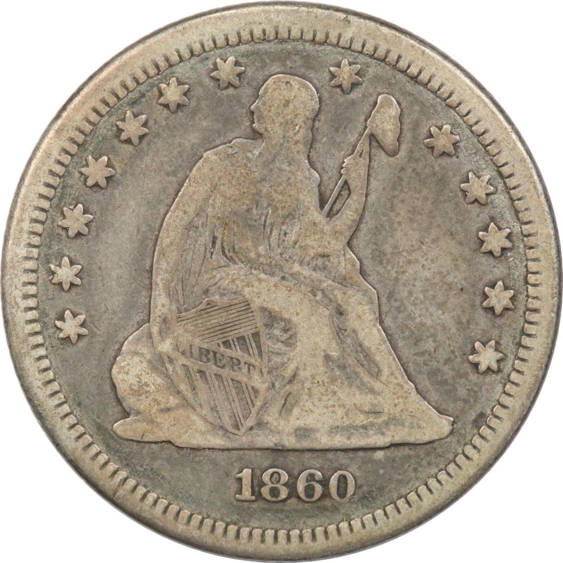 1860 SEATED LIBERTY QUARTER 25C, FINE F+ (1 of 2)