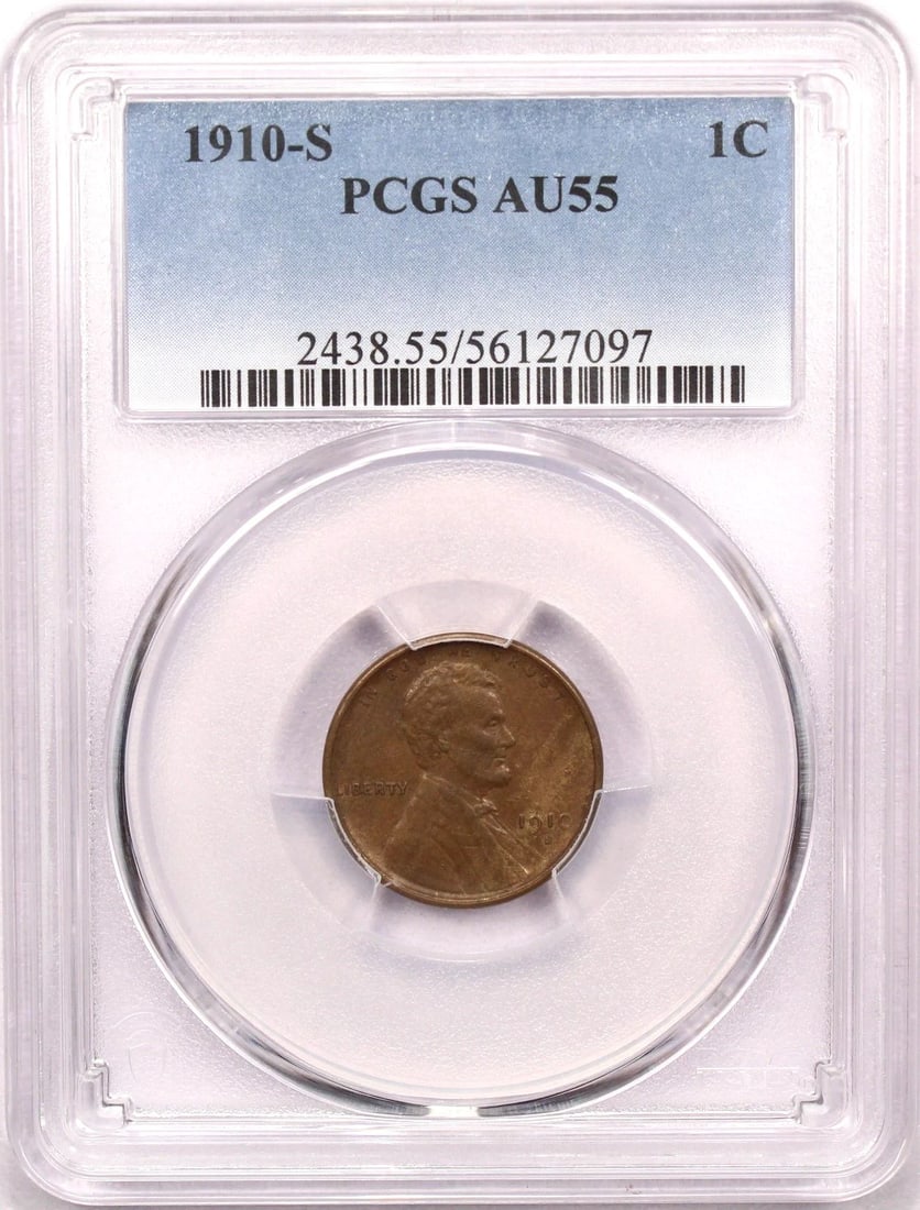 1910-S LINCOLN WHEAT CENT 1C, PCGS AU55, ABOUT UNCIRCULATED (1 of 2)