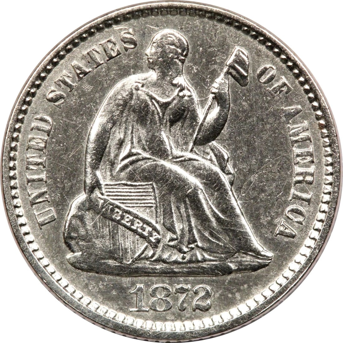 1872 SEATED LIBERTY HALF DIME H10C, ABOUT UNCIRCULATED AU+, CLEANED (1 of 2)