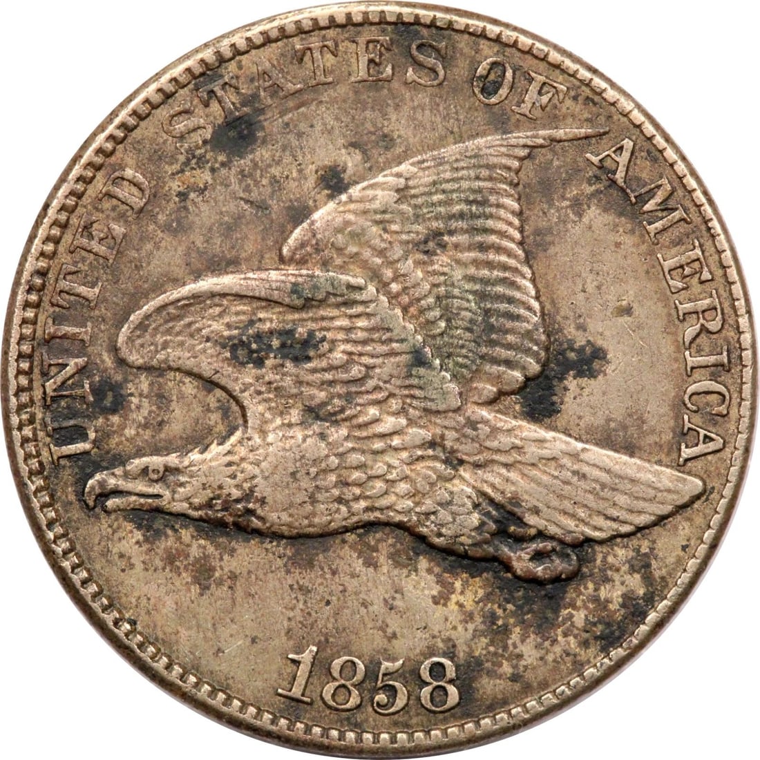 1858 FLYING EAGLE CENT 1C, EXTREMELY FINE XF, STAINED (1 of 2)