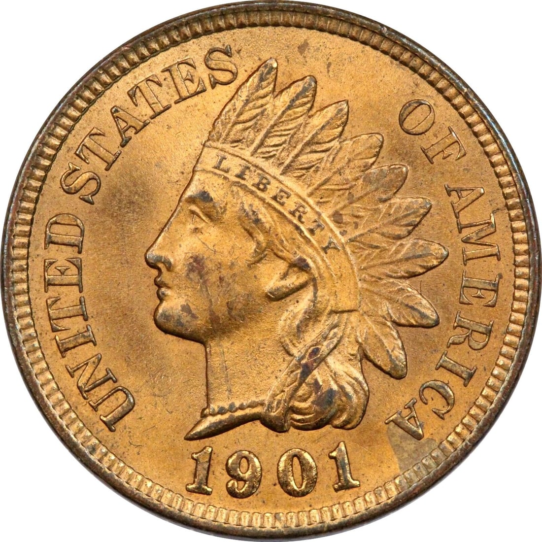 1901 INDIAN HEAD CENT 1C, CHOICE UNCIRCULATED BU, MOSTLY RED! (1 of 2)