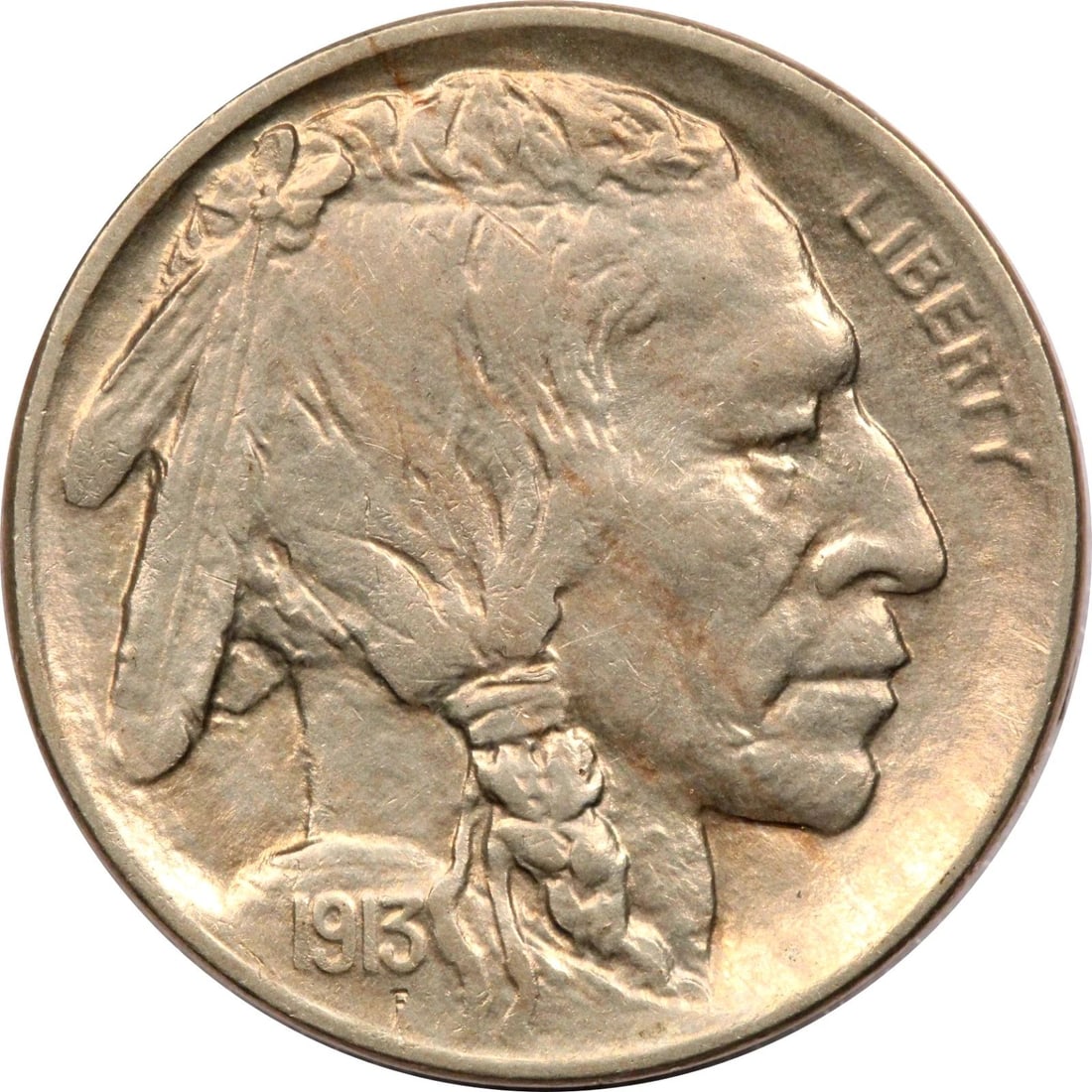 1913-D TYPE 1 BUFFALO NICKEL 5C, ABOUT UNCIRCULATED AU+, MINOR LAMINATION ERROR (1 of 2)