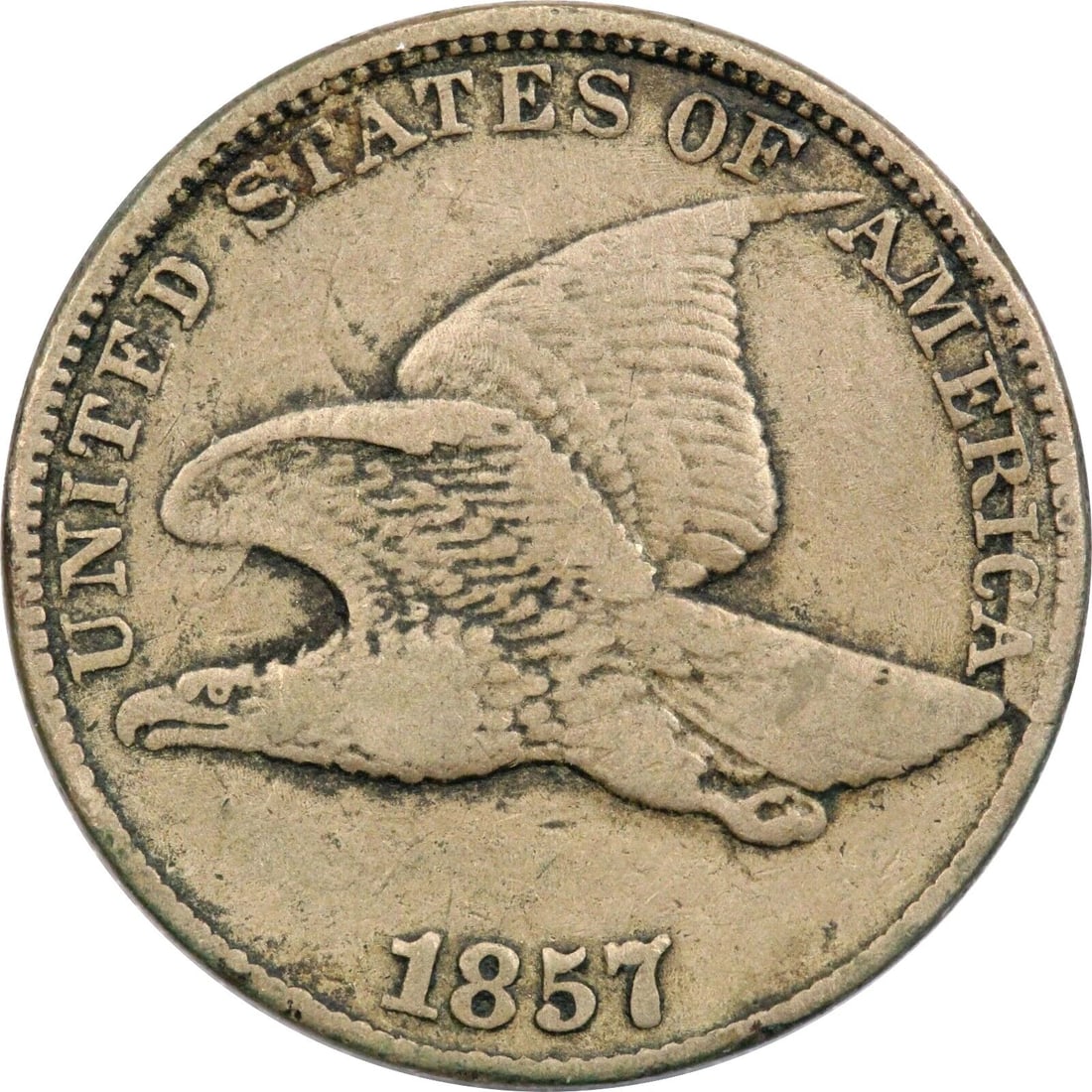 1857 FLYING EAGLE CENT 1C, SNOW-9 DIE CLASH W/ HALF DOLLAR 50C, VERY FINE VF (1 of 2)