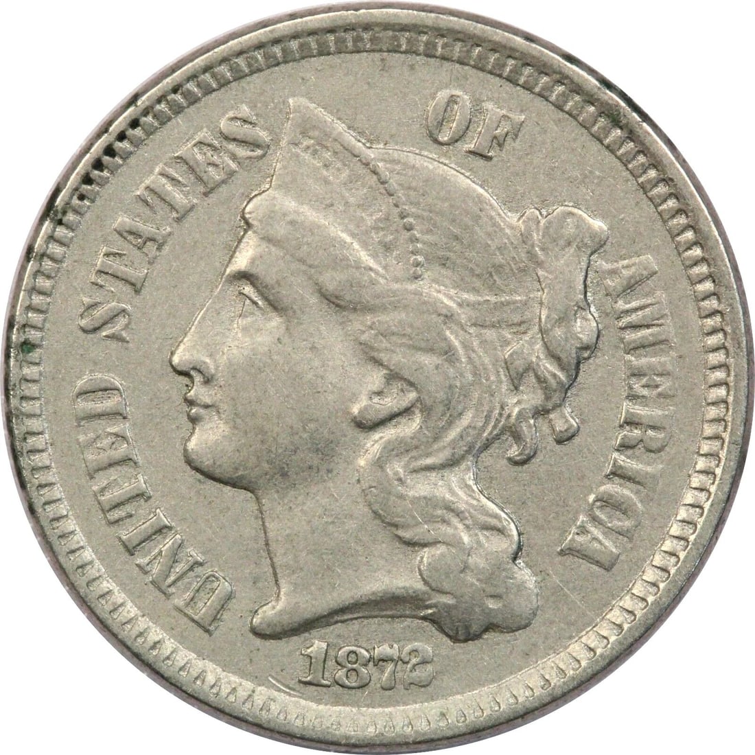 1872 THREE CENT NICKEL 3CN, ABOUT UNCIRCULATED AU (1 of 2)