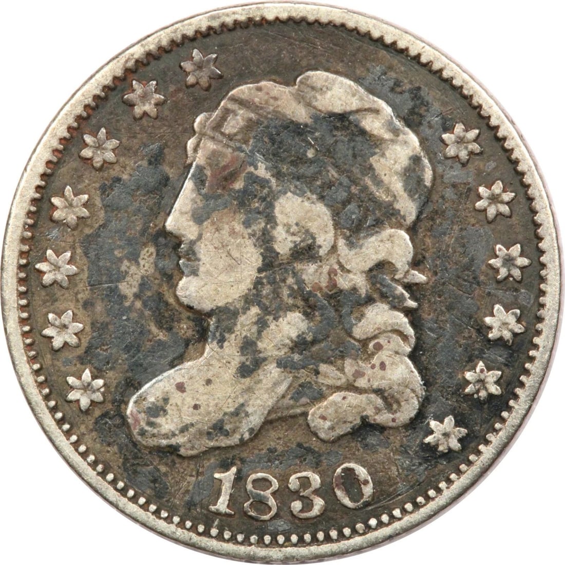 1830 CAPPED BUST HALF DIME H10C, FINE F, HEAVY MOTTLED TONING (1 of 2)