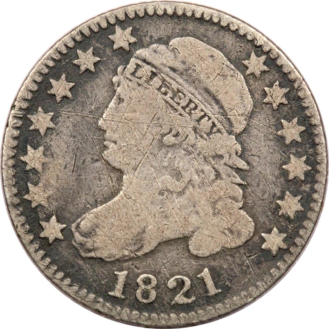 1821 LARGE DATE CAPPED BUST DIME 10C, FINE F, SCRATCHES (1 of 2)