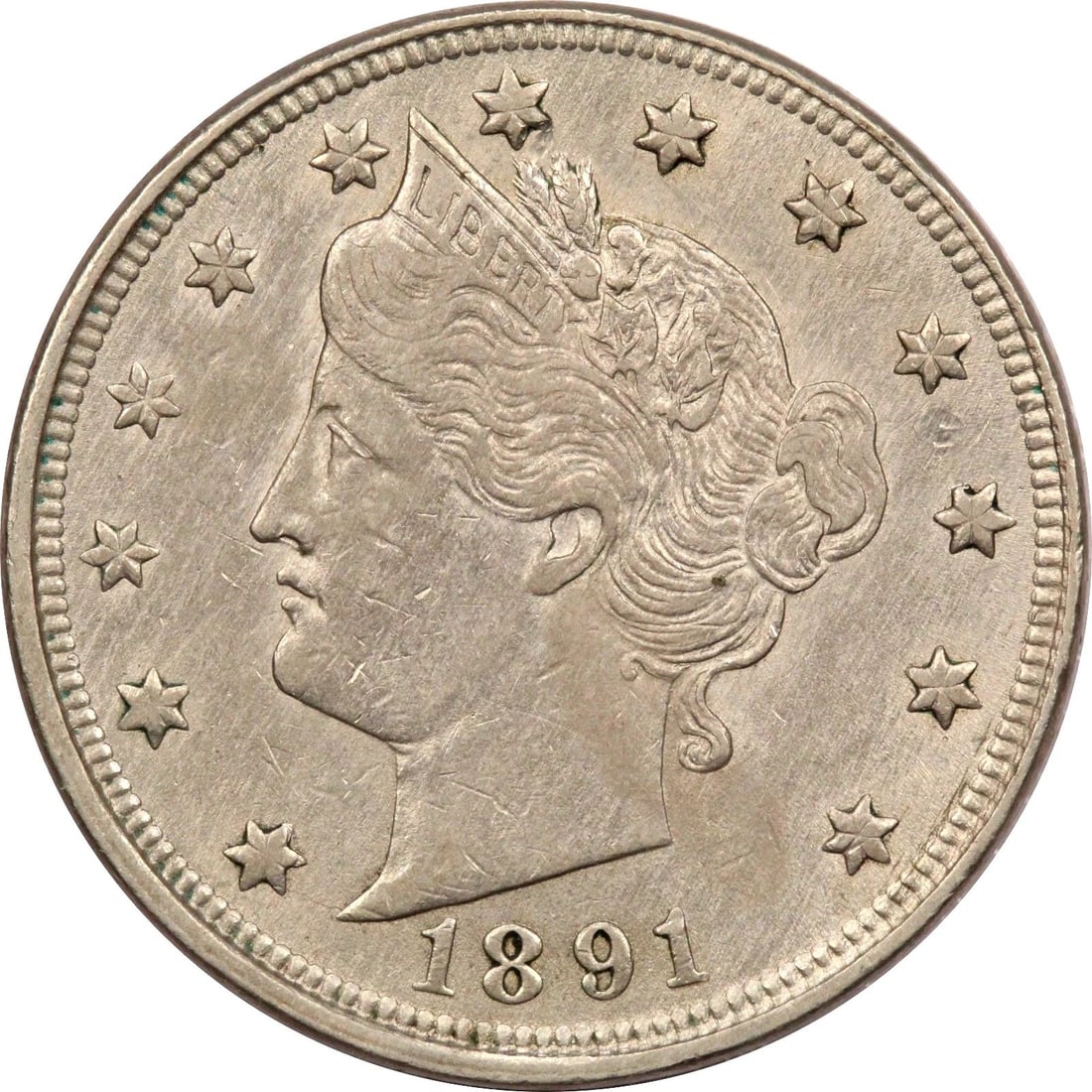 1891 LIBERTY HEAD V NICKEL 5C, ABOUT UNCIRCULATED AU (1 of 2)