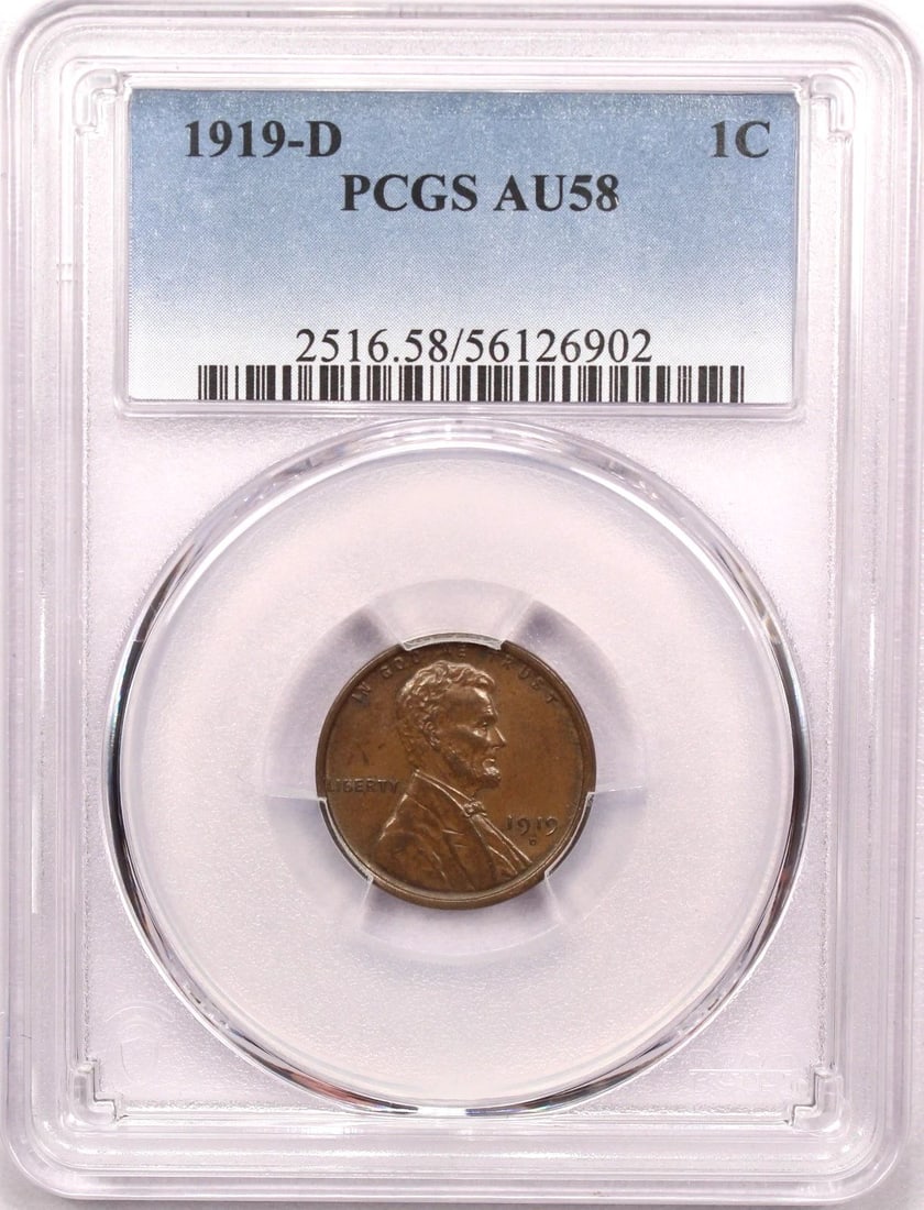 1919-D LINCOLN WHEAT CENT 1C, PCGS AU58, ABOUT UNCIRCULATED. LOOKS UNC! (1 of 2)