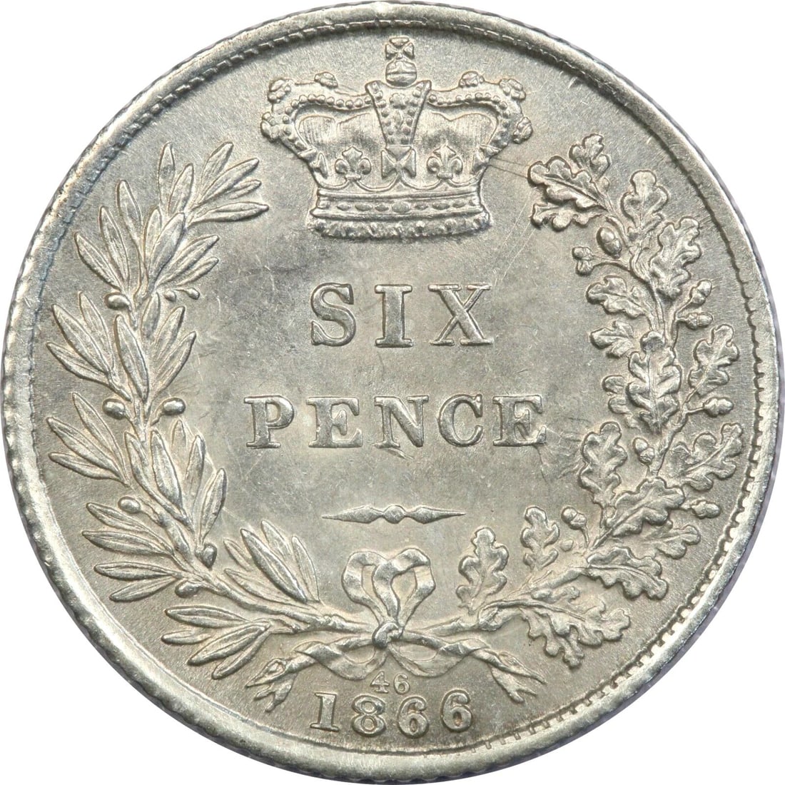 1866 GREAT BRITAIN UK 6 PENCE DIE 46, ABOUT UNCIRCULATED AU, LIGHTLY CLEANED (1 of 2)