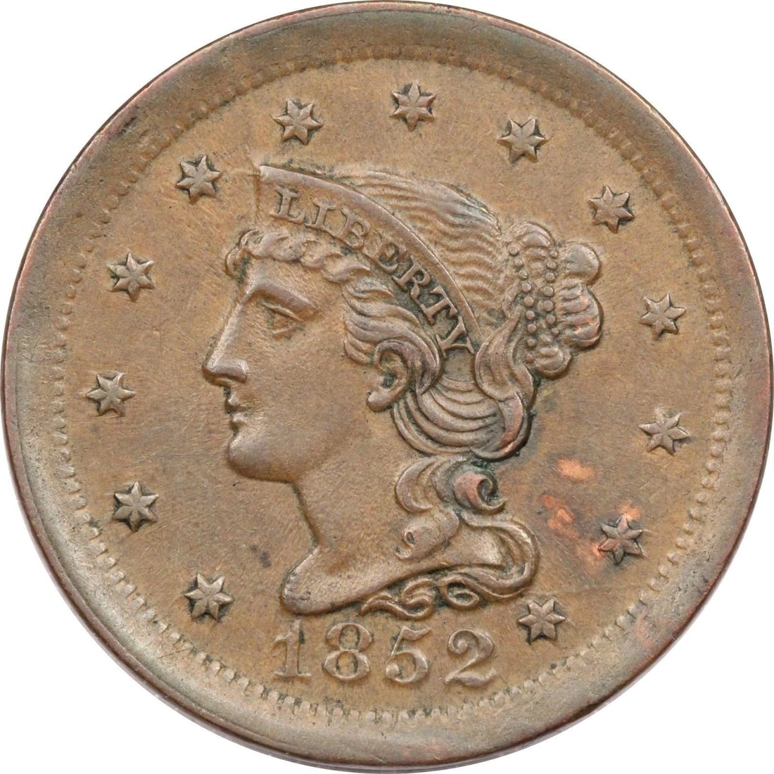 1852 BRAIDED HAIR LARGE CENT 1C, ABOUT UNCIRCULATED AU, STAINED (1 of 2)