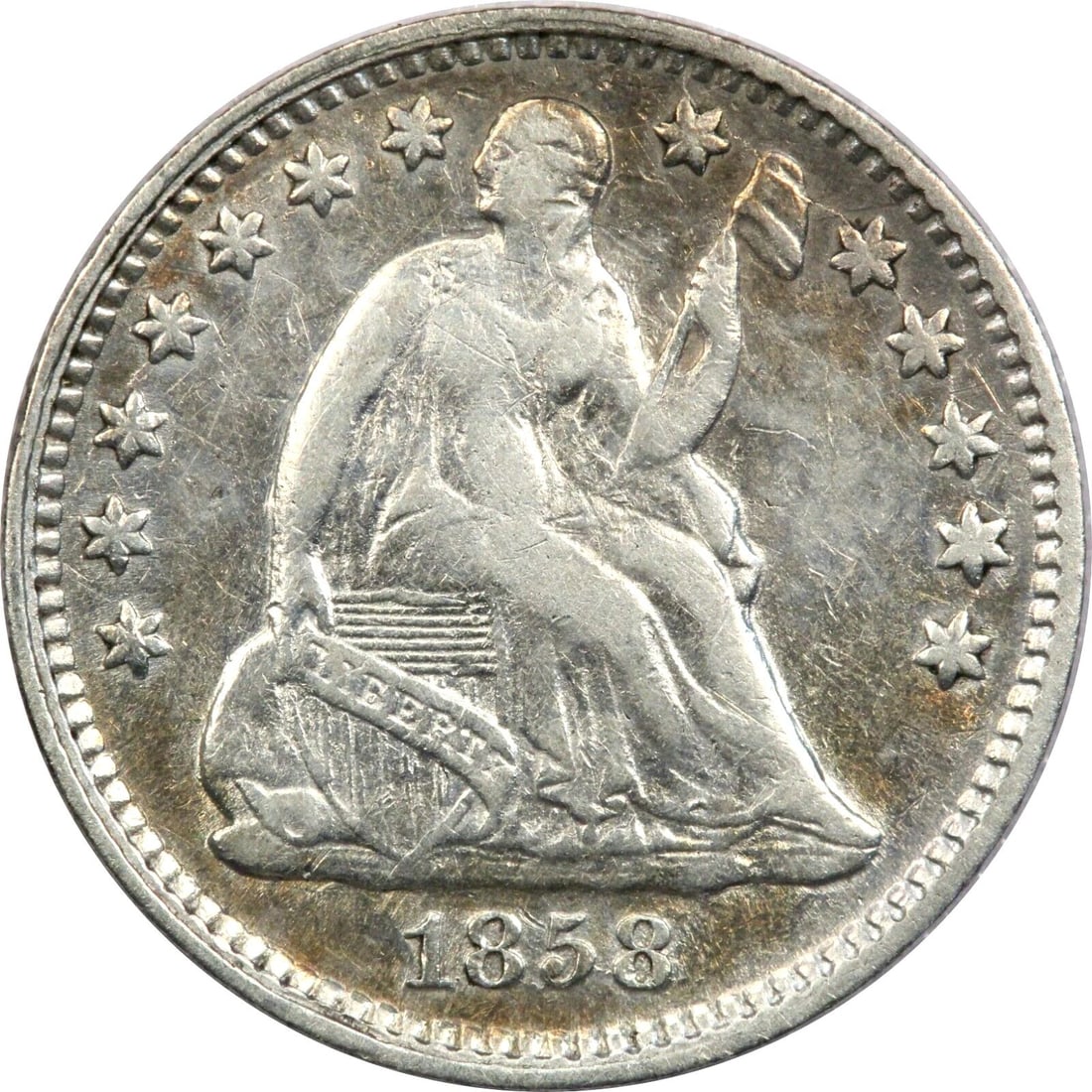 1858 SEATED LIBERTY HALF DIME H10C, XF/AU CONDITION (1 of 2)