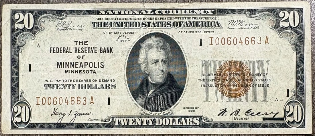 1929 $20 NATIONAL CURRENCY FRN MINNEAPOLIS MN, VERY FINE VF+ (1 of 2)