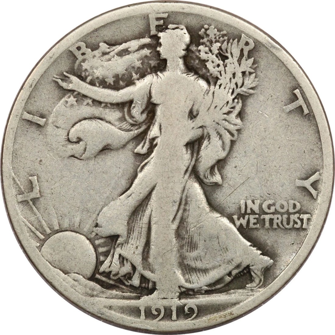 1919-S WALKING LIBERTY HALF DOLLAR 50C, FINE F: 1919-S WALKING LIBERTY HALF DOLLAR 50C, FINE F 1919-S Walking Liberty Half Dollar 50C, Fine F THE ITEM(S) IN THE PHOTO(S) IS THE EXACT ITEM(S) YOU WILL RECEIVE!