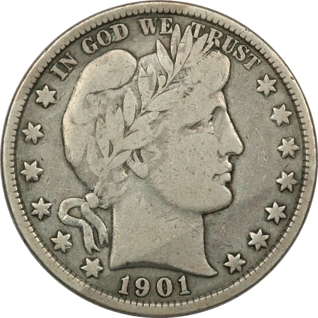 1901 BARBER HALF DOLLAR 50C, FINE F: 1901 BARBER HALF DOLLAR 50C, FINE F 1901 Barber Half Dollar 50C, Fine F