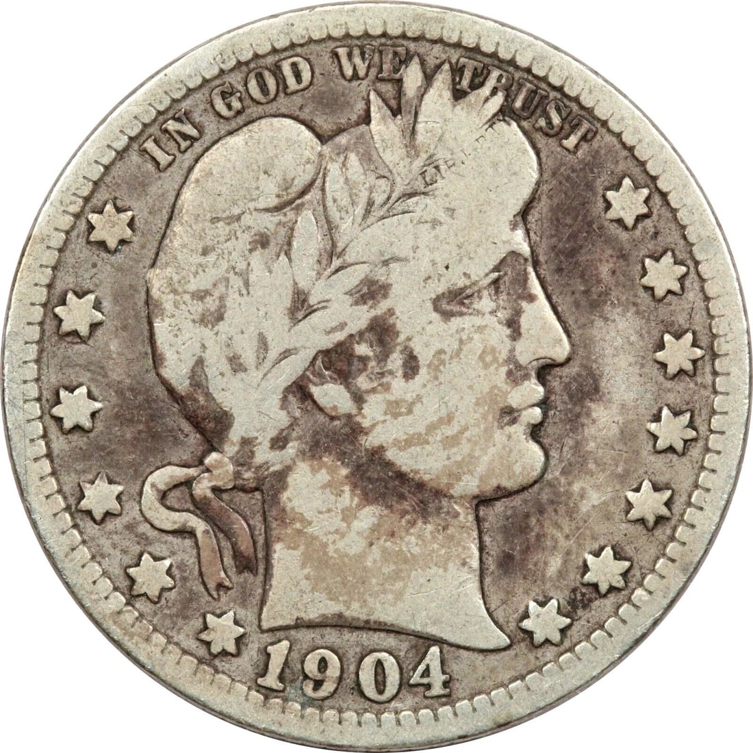 1904-O BARBER QUARTER 25C, FINE F, PARTIAL LIBERTY (1 of 2)