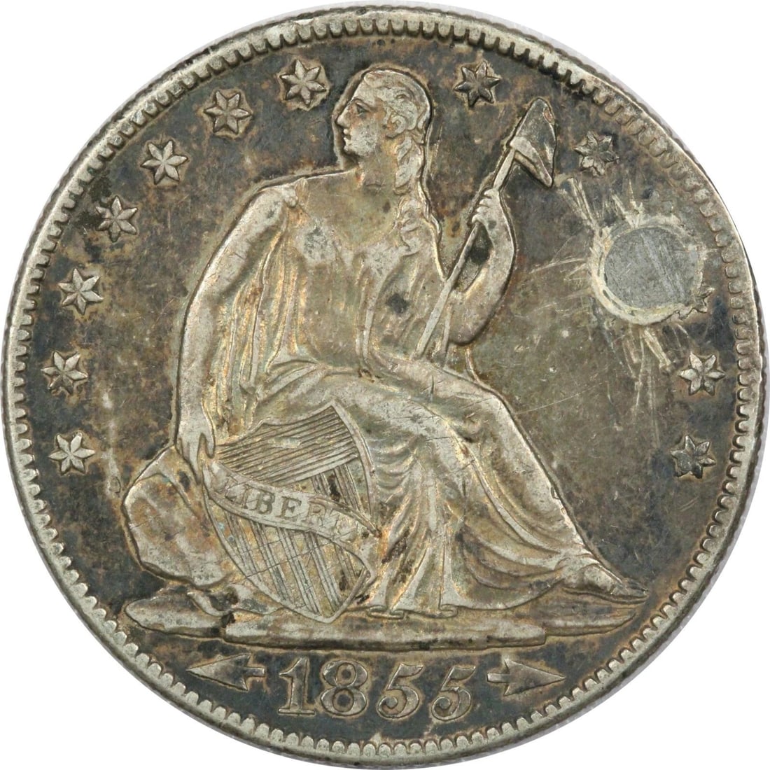 1855-O ARROWS SEATED LIBERTY HALF DOLLAR 50C, VERY FINE VF, HOLED/PLUGGED (1 of 2)