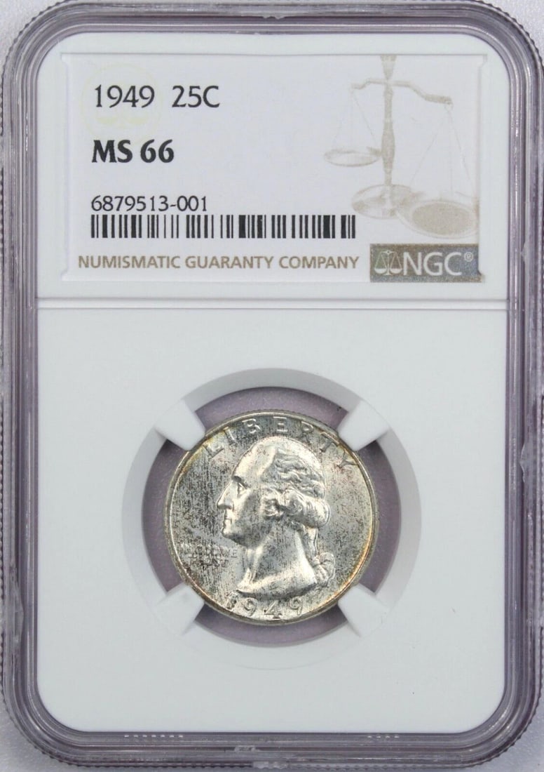 1949 WASHINGTON QUARTER 25C, NGC MS66, GEM UNCIRCULATED BU, LIGHTLY TONED (1 of 2)