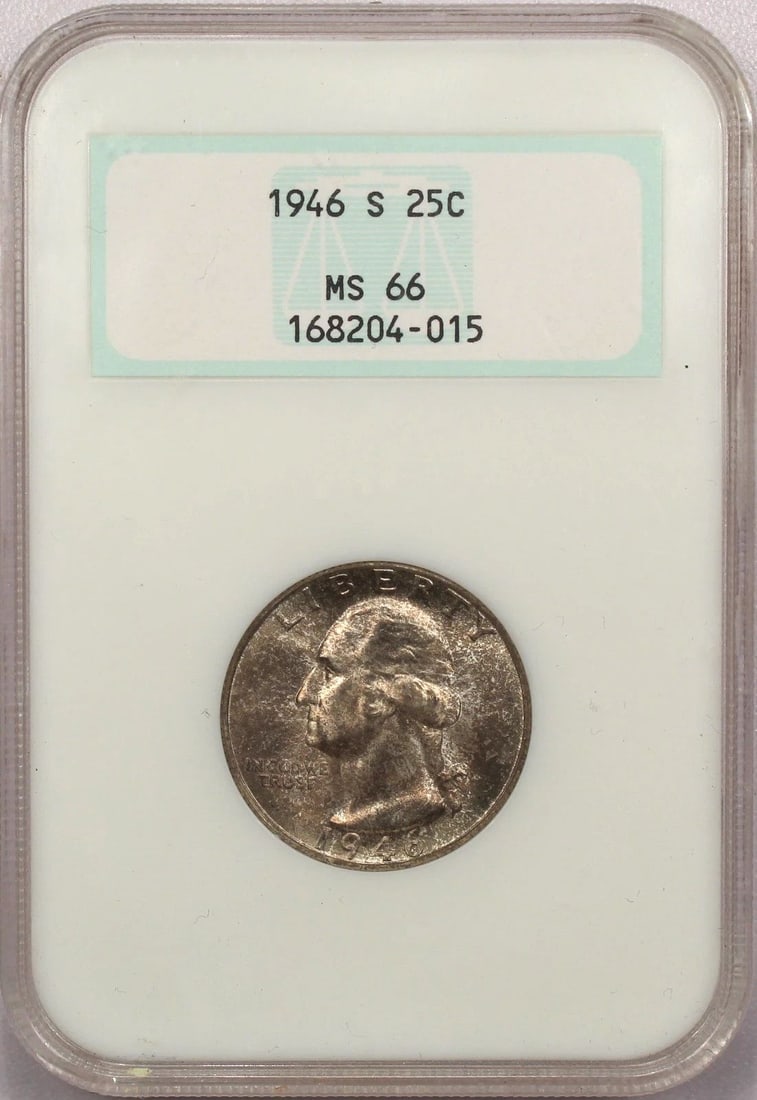 1946-S WASHINGTON QUARTER 25C, NGC MS66 OLD GREEN FATTY HOLDER, TONED GEM UNC (1 of 2)